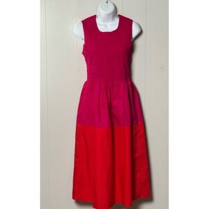 French Connection Women's Pink Orange Colorblock Smocked Midi Dress Cotton Sz 2